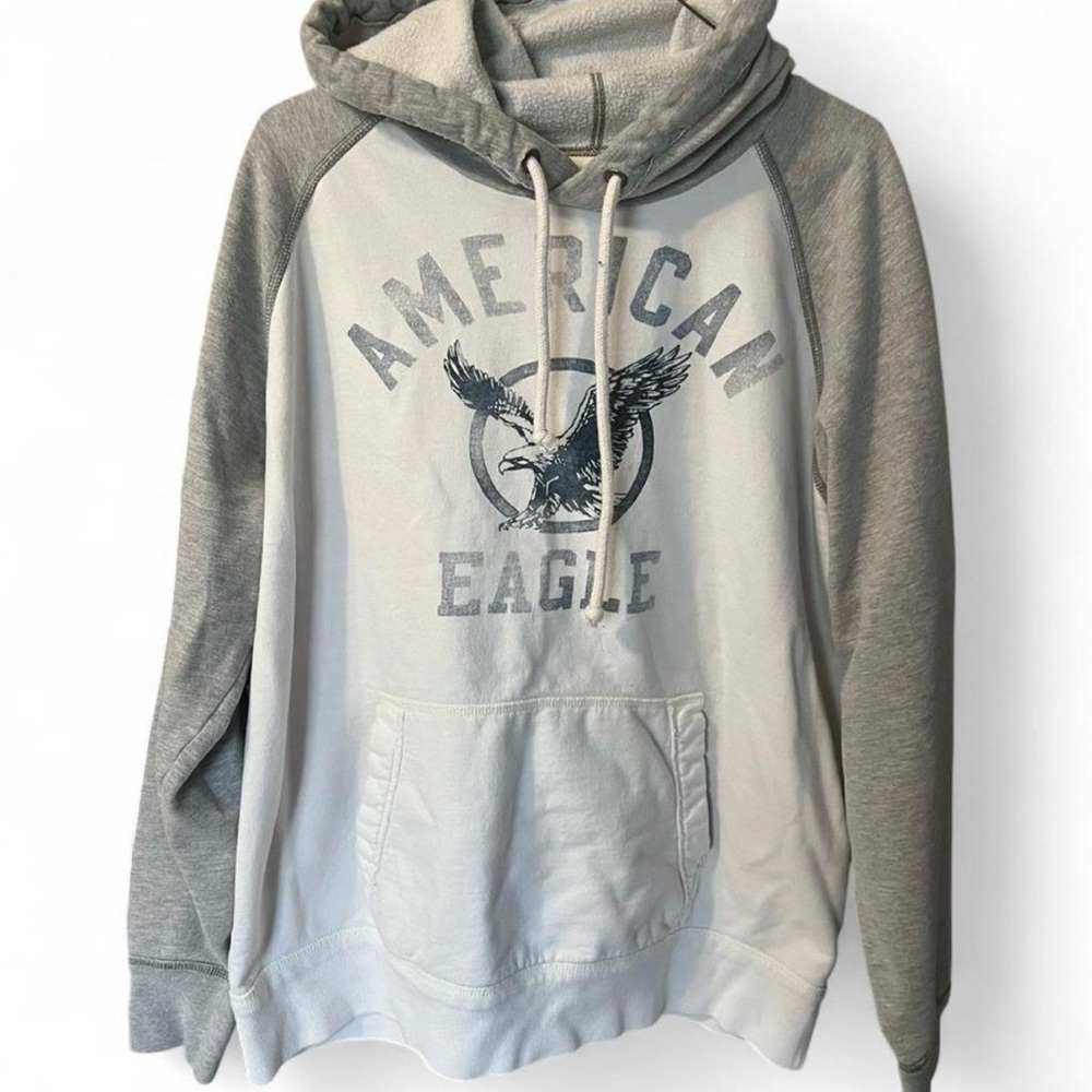 American Eagle Outfitters White Body Gray Sleeve Hooded Pullover